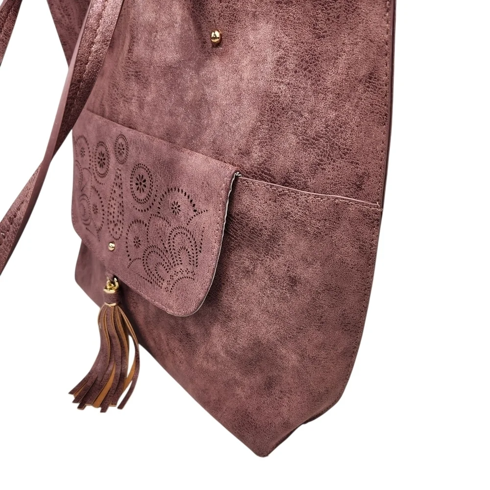 Vegan Leather Tote Bag With Tassel And Gold Trim Large Burgundy